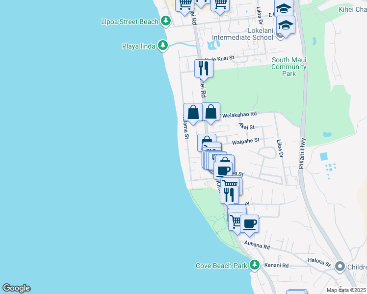 map of restaurants, bars, coffee shops, grocery stores, and more near 1702 Halama Street in Kihei