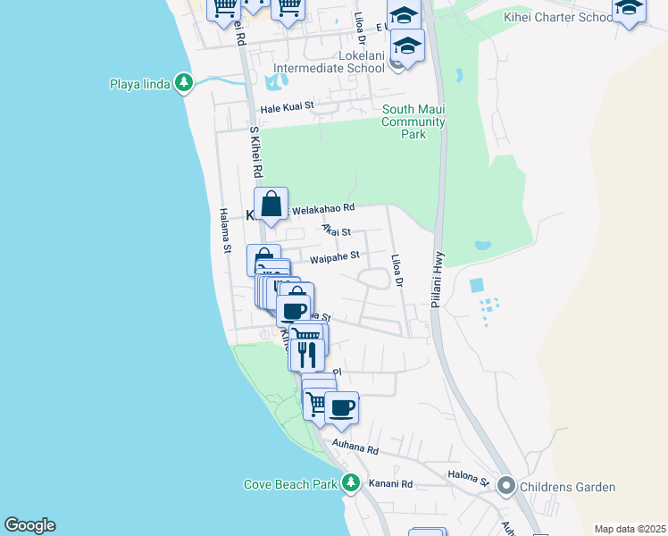 map of restaurants, bars, coffee shops, grocery stores, and more near 99 Mehani Place in Kihei