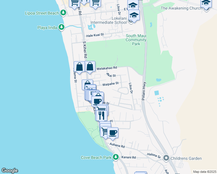 map of restaurants, bars, coffee shops, grocery stores, and more near 86 Waipahe Street in Kihei