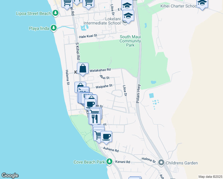map of restaurants, bars, coffee shops, grocery stores, and more near 264 Mehani Circle in Kihei