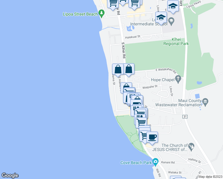 map of restaurants, bars, coffee shops, grocery stores, and more near 1688 Halama Street in Kihei