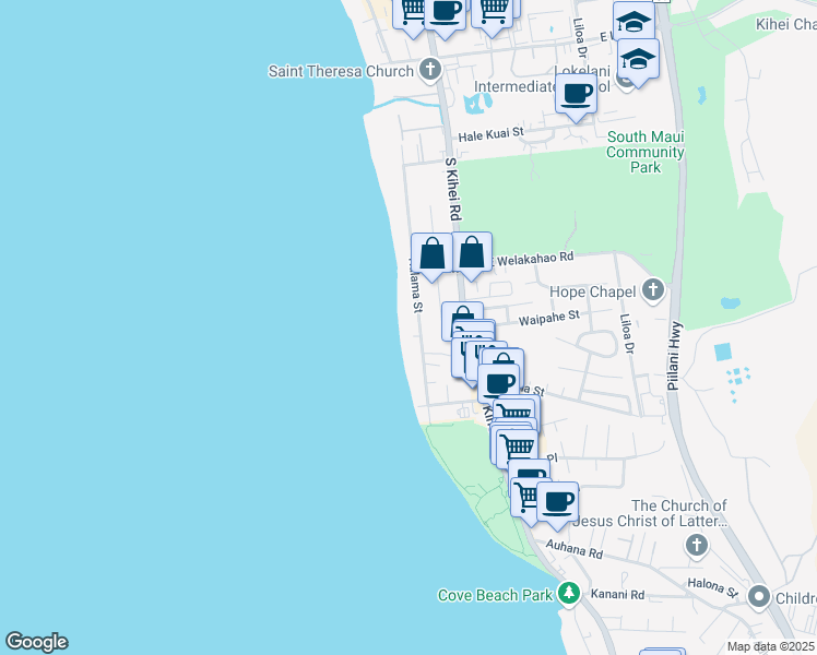 map of restaurants, bars, coffee shops, grocery stores, and more near 1690 Halama Street in Kihei