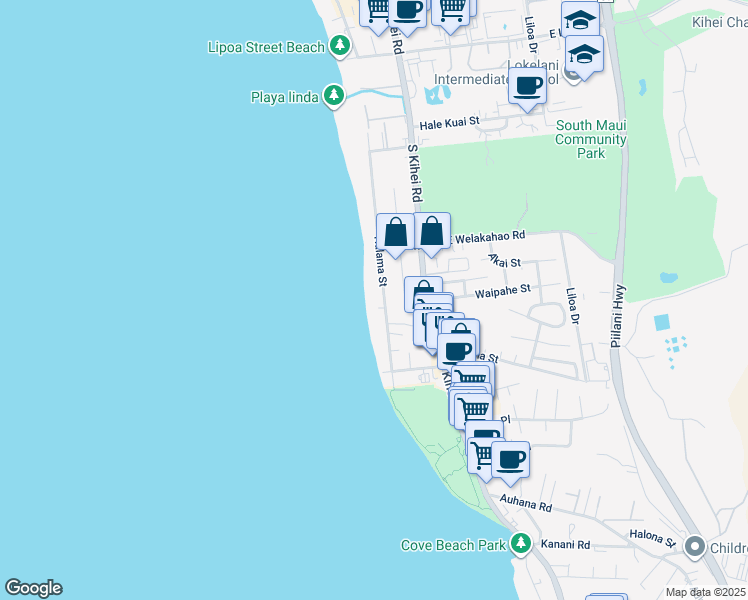 map of restaurants, bars, coffee shops, grocery stores, and more near 1690 Halama Street in Kihei