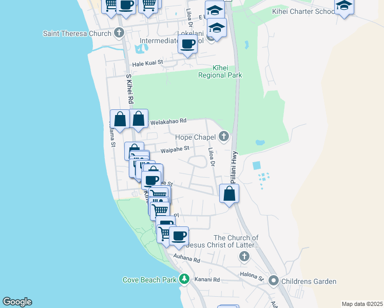 map of restaurants, bars, coffee shops, grocery stores, and more near 256 Mehani Circle in Kihei