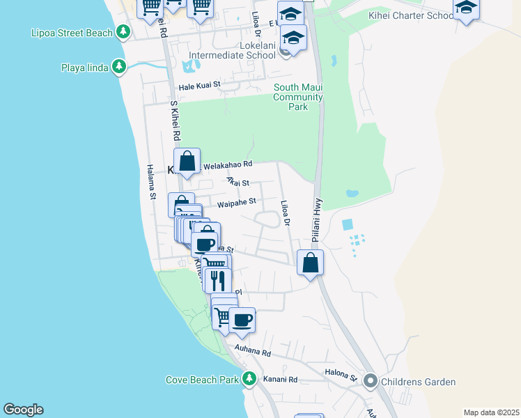 map of restaurants, bars, coffee shops, grocery stores, and more near 256 Mehani Circle in Kihei