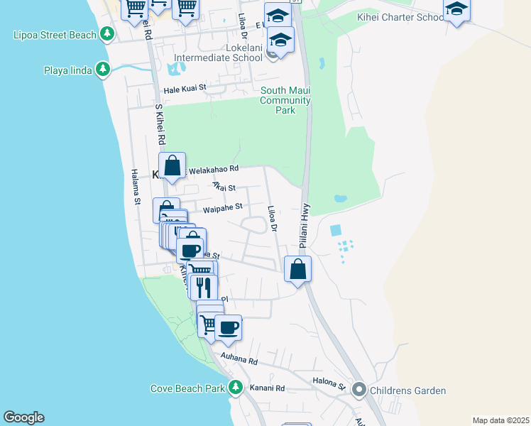 map of restaurants, bars, coffee shops, grocery stores, and more near 224 Mehani Circle in Kihei