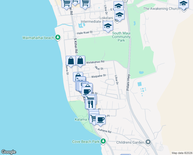 map of restaurants, bars, coffee shops, grocery stores, and more near 74 Waipahe Street in Kihei