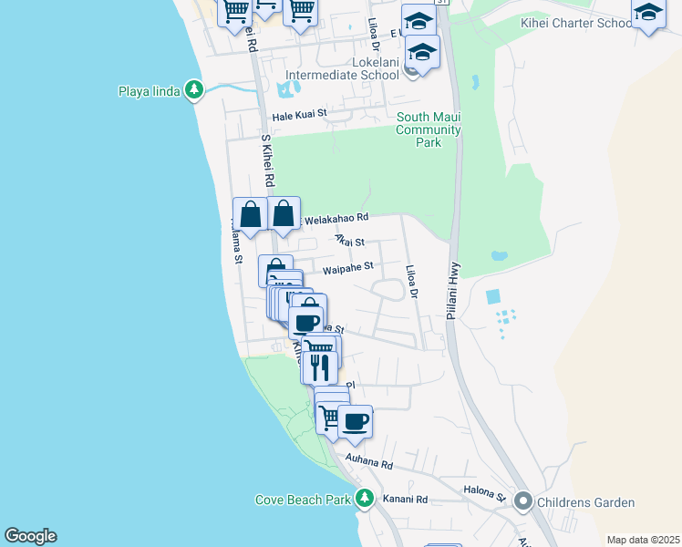 map of restaurants, bars, coffee shops, grocery stores, and more near 86 Waipahe Street in Kihei