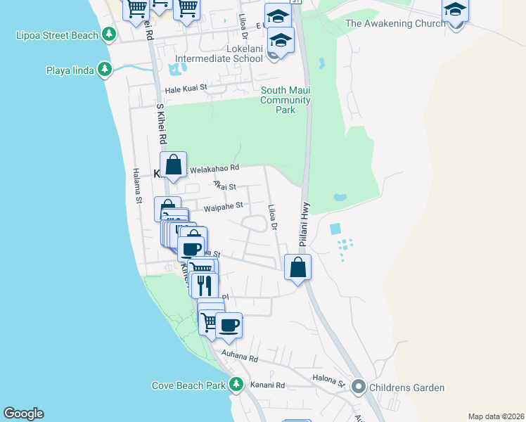 map of restaurants, bars, coffee shops, grocery stores, and more near 226 Mehani Circle in Kihei