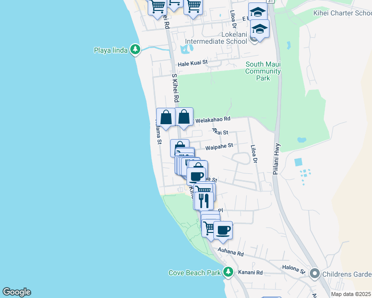 map of restaurants, bars, coffee shops, grocery stores, and more near 9 Uilani Street in Kihei