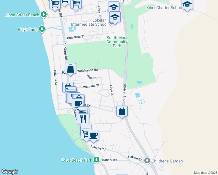 map of restaurants, bars, coffee shops, grocery stores, and more near 224 Mehani Circle in Kihei