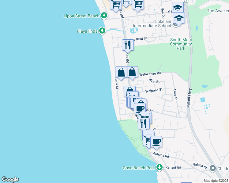 map of restaurants, bars, coffee shops, grocery stores, and more near 1688 Halama Street in Kihei
