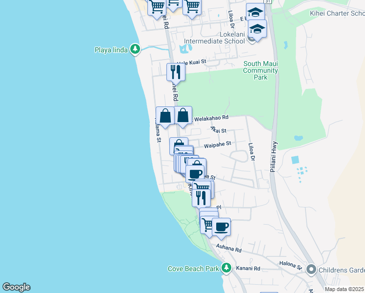 map of restaurants, bars, coffee shops, grocery stores, and more near 9 Uilani Street in Kihei
