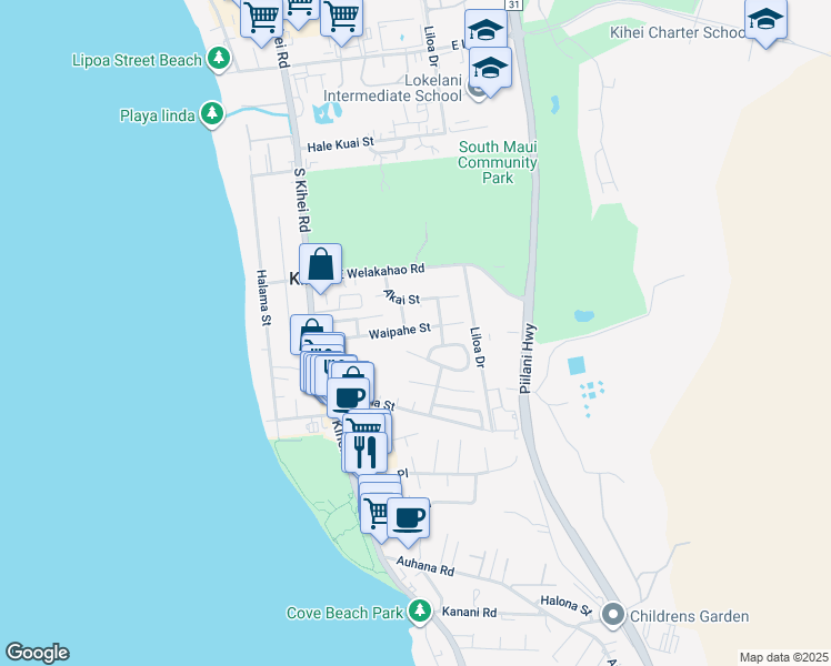 map of restaurants, bars, coffee shops, grocery stores, and more near 164 Waipahe Street in Kihei