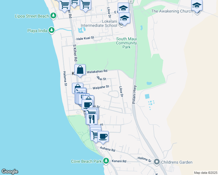 map of restaurants, bars, coffee shops, grocery stores, and more near 192 Waipahe Street in Kihei