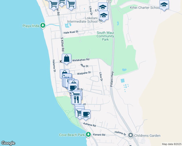 map of restaurants, bars, coffee shops, grocery stores, and more near 192 Waipahe Street in Kihei