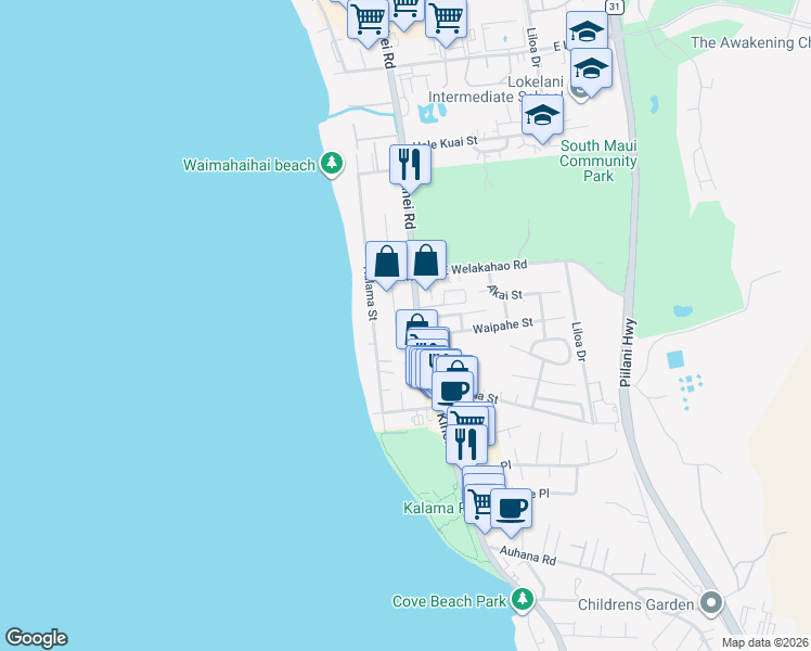 map of restaurants, bars, coffee shops, grocery stores, and more near 1709 South Alaniu Place in Kihei