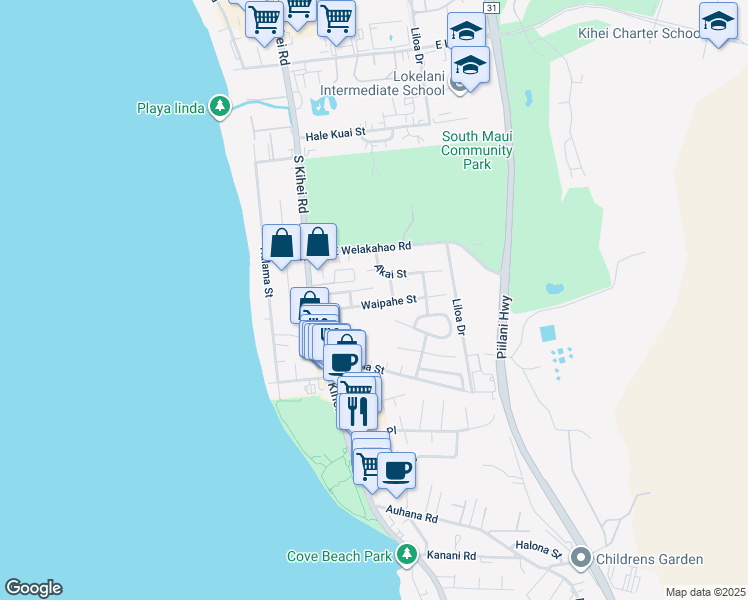 map of restaurants, bars, coffee shops, grocery stores, and more near 81 Waipahe Street in Kihei