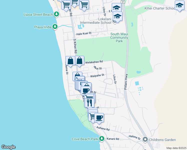 map of restaurants, bars, coffee shops, grocery stores, and more near 81 Waipahe Street in Kihei