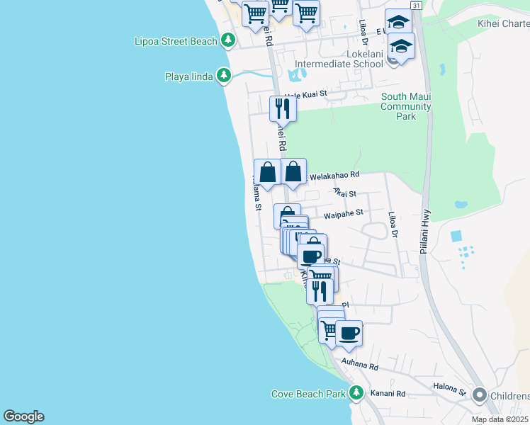 map of restaurants, bars, coffee shops, grocery stores, and more near 1681 Halama Street in Kihei