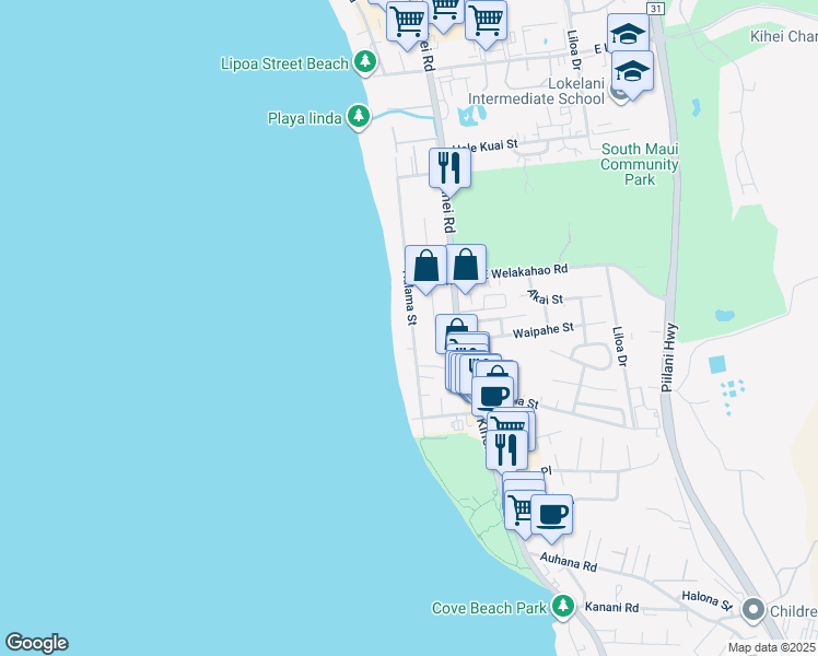 map of restaurants, bars, coffee shops, grocery stores, and more near 1676 Halama Street in Kihei