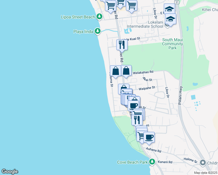 map of restaurants, bars, coffee shops, grocery stores, and more near 1676 Halama Street in Kihei