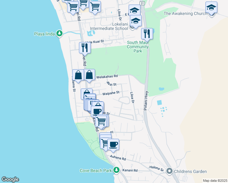 map of restaurants, bars, coffee shops, grocery stores, and more near 155 Waipahe Street in Kihei