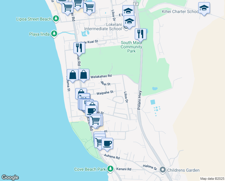 map of restaurants, bars, coffee shops, grocery stores, and more near 185 Waipahe Street in Kihei