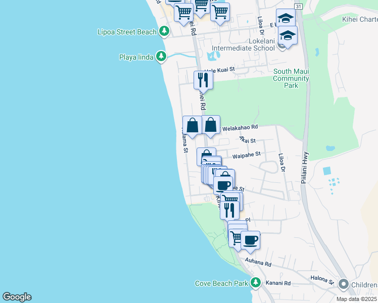map of restaurants, bars, coffee shops, grocery stores, and more near 1673 Halama Street in Kihei
