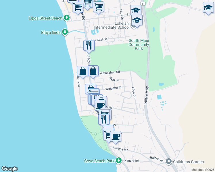map of restaurants, bars, coffee shops, grocery stores, and more near 96 Kahele Street in Kihei