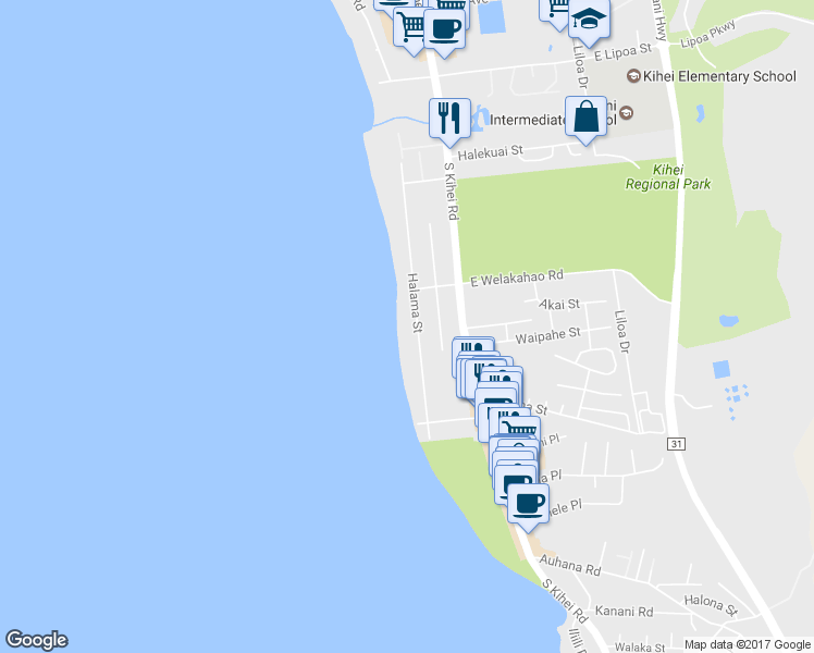 map of restaurants, bars, coffee shops, grocery stores, and more near 1670 Halama Street in Kihei