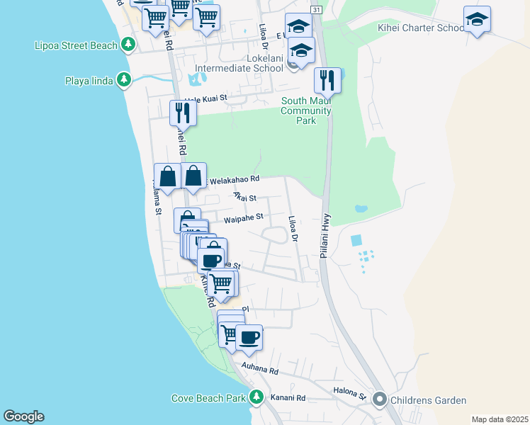 map of restaurants, bars, coffee shops, grocery stores, and more near 1694 Hoonanea Street in Kihei