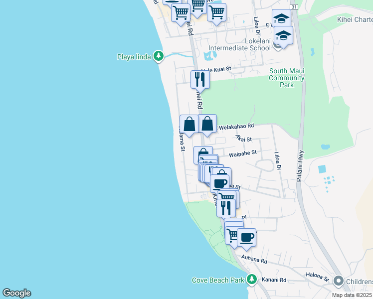 map of restaurants, bars, coffee shops, grocery stores, and more near 1673 Halama Street in Kihei