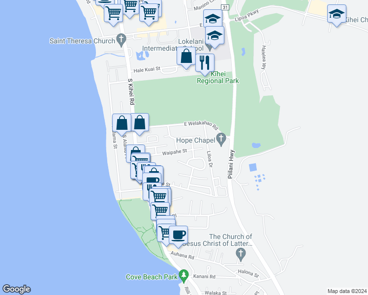 map of restaurants, bars, coffee shops, grocery stores, and more near 175 Waipahe Street in Kihei