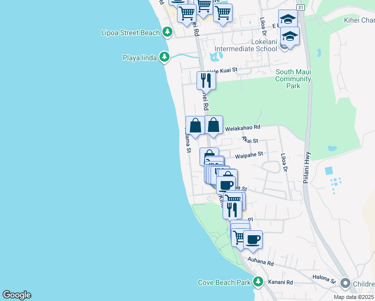 map of restaurants, bars, coffee shops, grocery stores, and more near 1670 Halama Street in Kihei