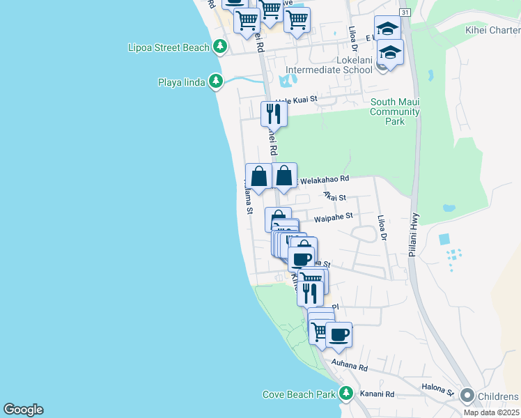 map of restaurants, bars, coffee shops, grocery stores, and more near 1668 South Alaniu Place in Kihei