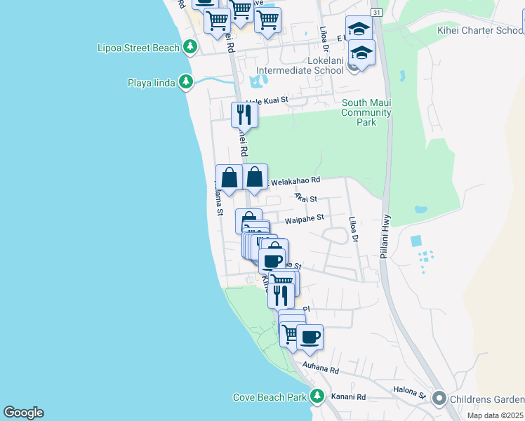 map of restaurants, bars, coffee shops, grocery stores, and more near 27 Kahele Street in Kihei