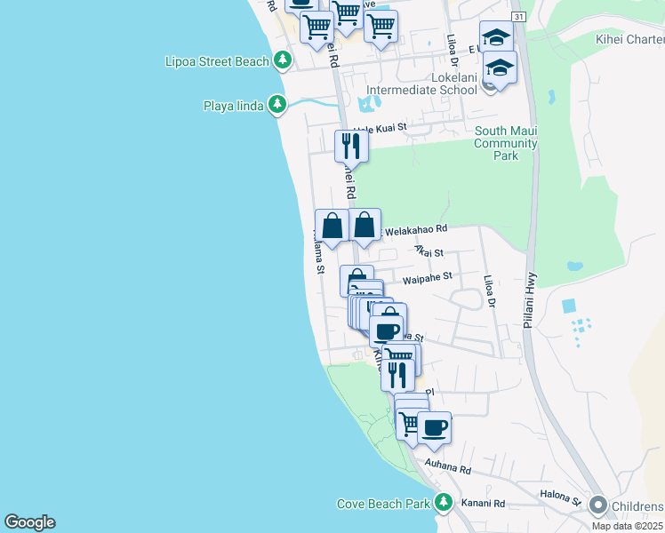 map of restaurants, bars, coffee shops, grocery stores, and more near 1668 South Alaniu Place in Kihei