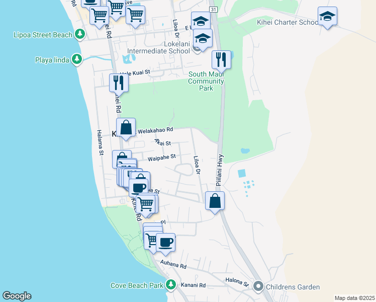 map of restaurants, bars, coffee shops, grocery stores, and more near 221 Waipahe Street in Kihei