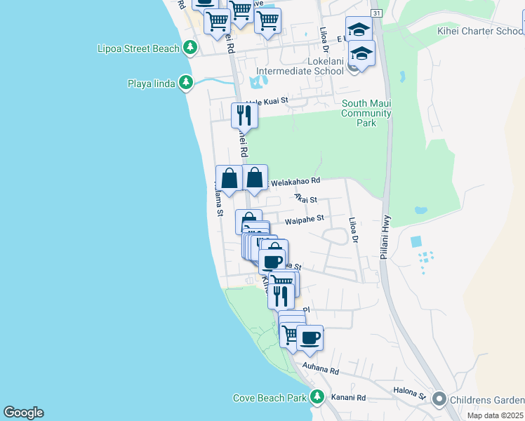 map of restaurants, bars, coffee shops, grocery stores, and more near 27 Kahele Street in Kihei