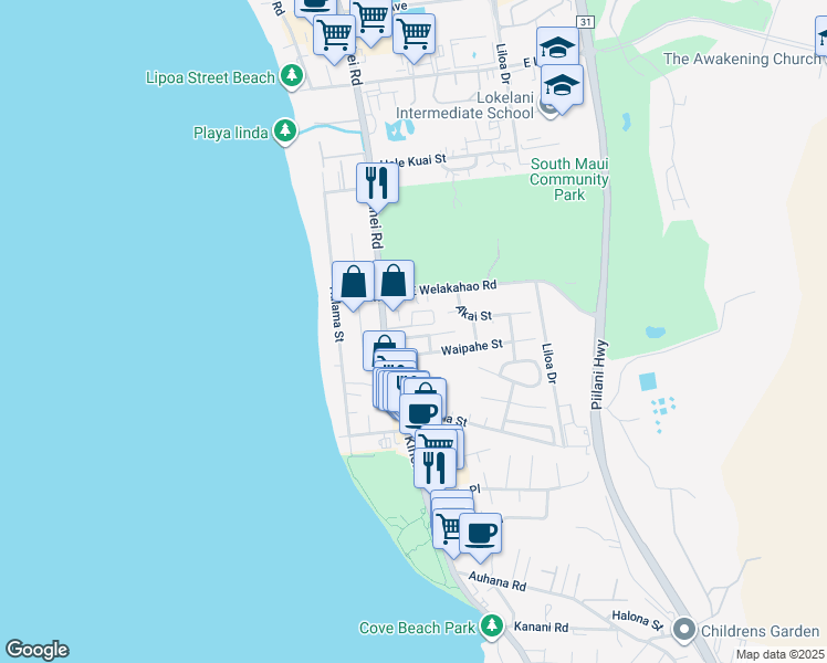 map of restaurants, bars, coffee shops, grocery stores, and more near 37 Kahele Street in Kihei