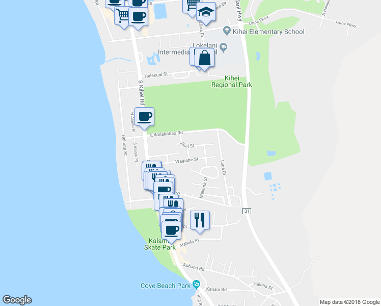 map of restaurants, bars, coffee shops, grocery stores, and more near 1679 Kahakai Street in Kihei
