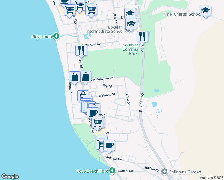 map of restaurants, bars, coffee shops, grocery stores, and more near 1672 Kahaone Place in Kihei