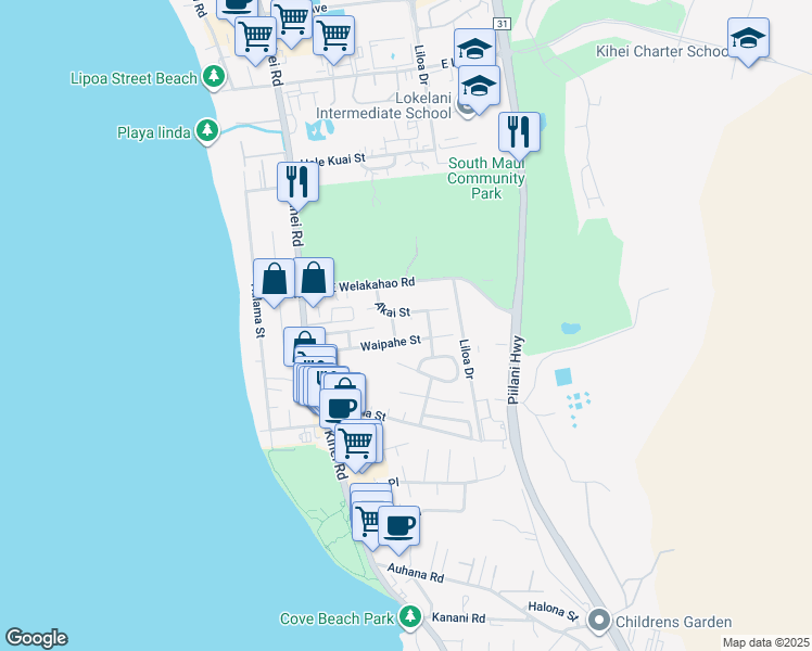 map of restaurants, bars, coffee shops, grocery stores, and more near 1672 Kahaone Place in Kihei