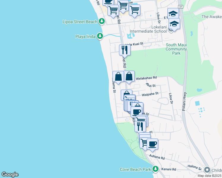 map of restaurants, bars, coffee shops, grocery stores, and more near 1656 Halama Street in Kihei