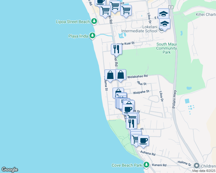 map of restaurants, bars, coffee shops, grocery stores, and more near 1649 Halama Street in Kihei
