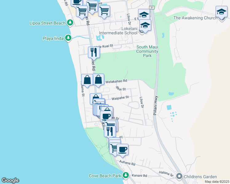 map of restaurants, bars, coffee shops, grocery stores, and more near 88 Alena Place in Kihei