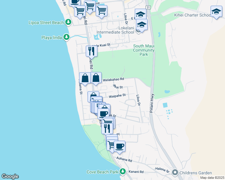 map of restaurants, bars, coffee shops, grocery stores, and more near 83 Kahele Street in Kihei