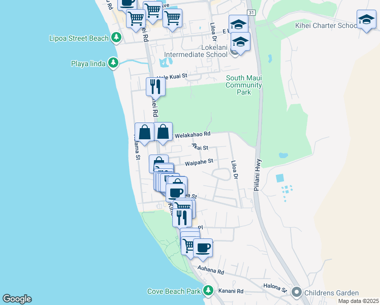 map of restaurants, bars, coffee shops, grocery stores, and more near 83 Kahele Street in Kihei