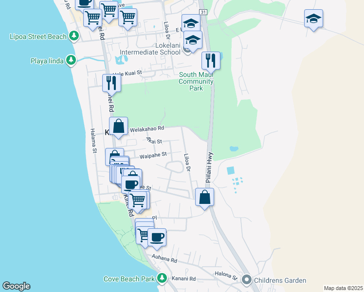 map of restaurants, bars, coffee shops, grocery stores, and more near 231 Waipahe Street in Kihei